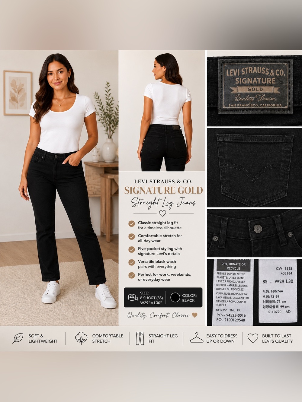 Levi's Black Straight Leg Jeans - Signature Gold (Size 8S  W29 L30)
